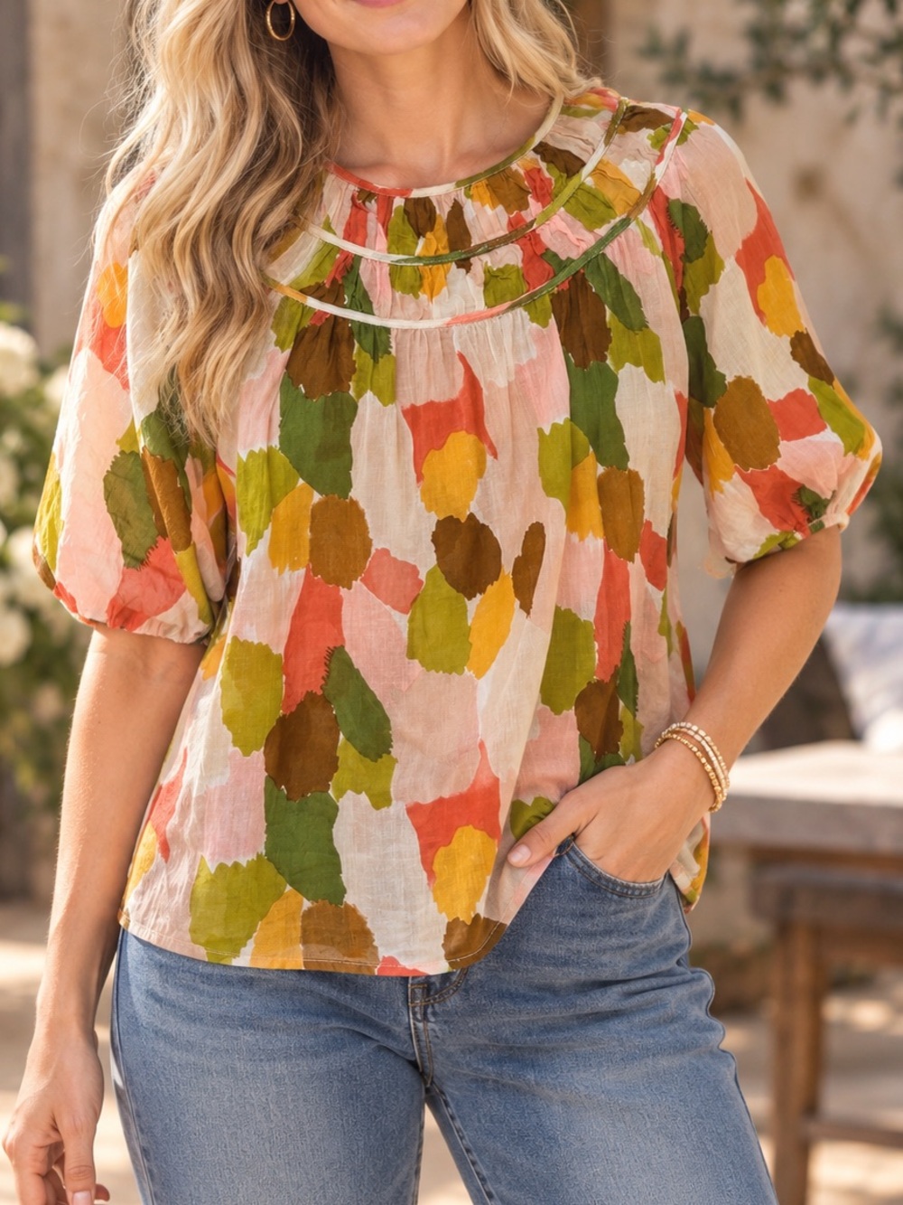 THML S 100% Cotton Top Colorful Abstract Print Gathered Neckline Boho Folk Art